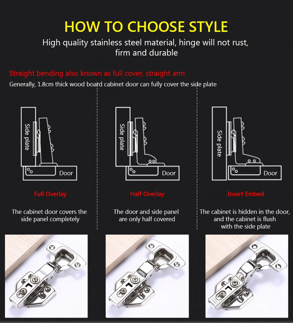 

4Pcs Hinge Stainless Steel Hydraulic Cabinet Door Hinges Damper Buffer Soft Close Kitchen Cupboard Furniture Full/Half/Embed