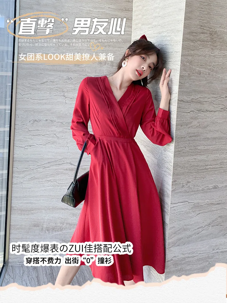 

Fashion Red Chiffon Printing Elegant Loose Mini Dress New Women Lantern Full Sleeve Pleated Slim Party Night Dresses