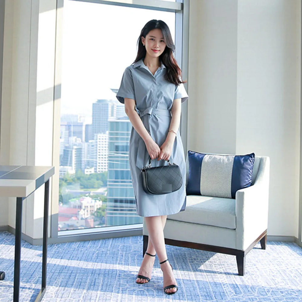 

Japanese Korean Fashion 2021 Summer Women's Dress Temperament Casual Elegant Solid Color Lapel Summer Bandage High Waist