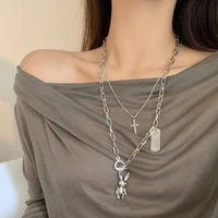 trendy jewelry cross geometric rabbit pendant necklace 2021 new design two layer chain necklace for girl fine accessories