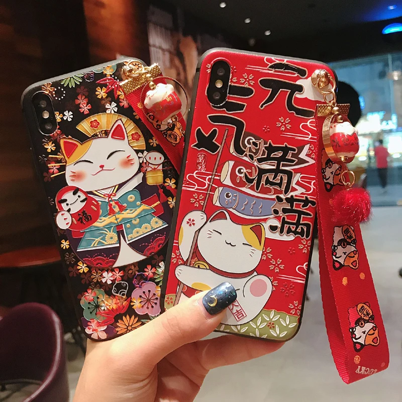 В японском стиле Lucky Cat 3D телефона с тиснением и изображением чехол для Samsung S10e S8 9 10