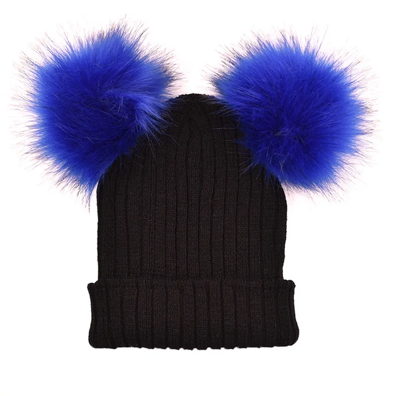Black And Blue Меховая шапка с помпонами, 2 Помпона, зимняя женская шапка, вязаная шерстяная шапка для девочек, хлопковые шапочки, фирменная Новинка, толстая женская шапка - Цвет: Black And Blue