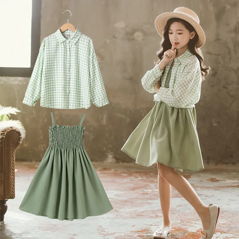 

Осенний спортивный костюм для девочек-подростков, рубашка в клетку и юбка, комплект одежды для маленьких девочек, осенняя школьная одежда д...