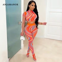 anjamanor sexy two piece set printed sheer mesh leggings and crop top matching sets sexy club outfits for woman d85 cz16
