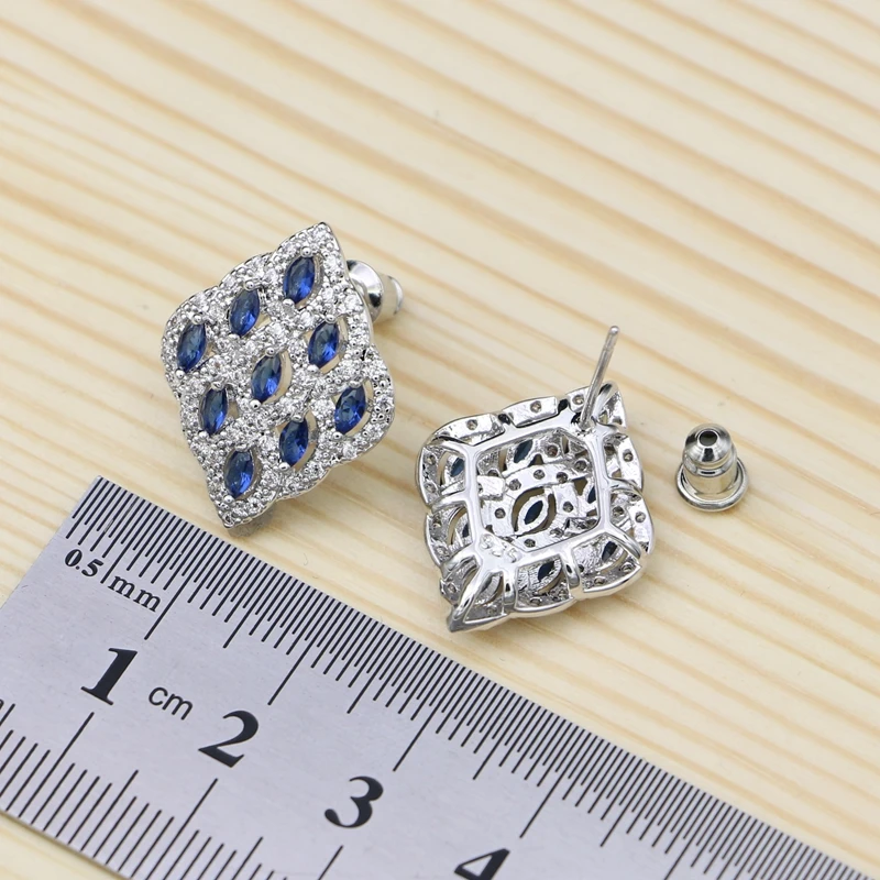 Blue Stones Jewelry Sets Of Silver 925 For Women Square Accessories Ring/Bracelet/Necklace/Pendant/Stud Earrings Set | Украшения и