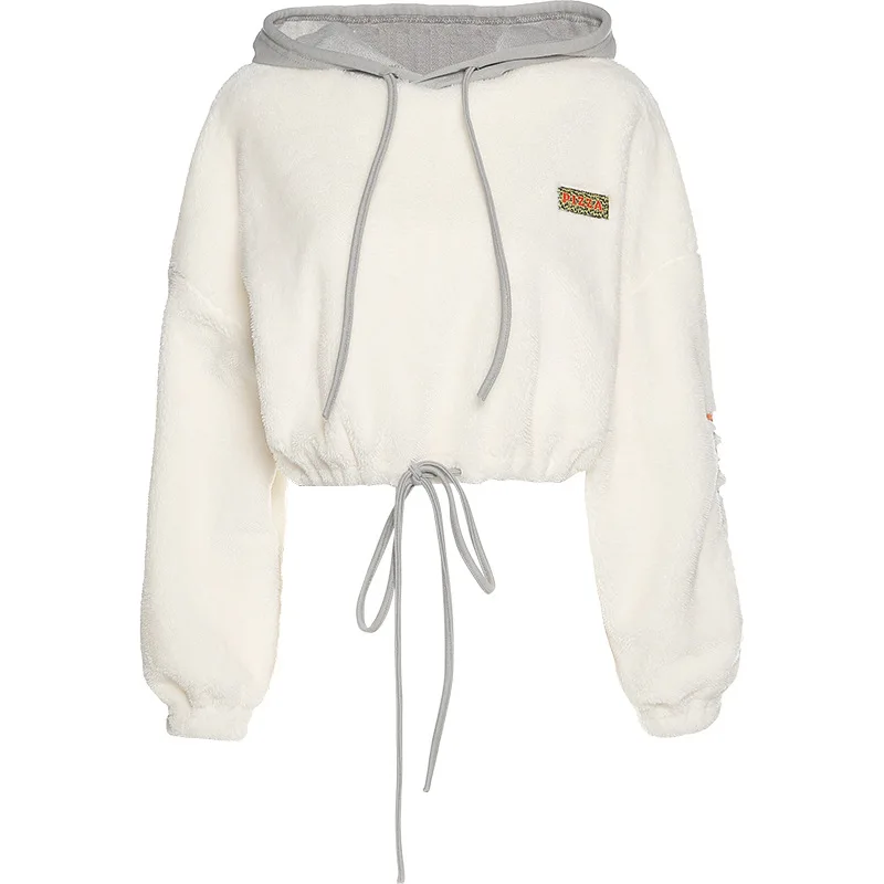 

Autumn Letter Embroidery Loose Plush Pullover Women Hoodies Hooded Tops Streetwear Drawstring Bandage Female Short Sweatshirts
