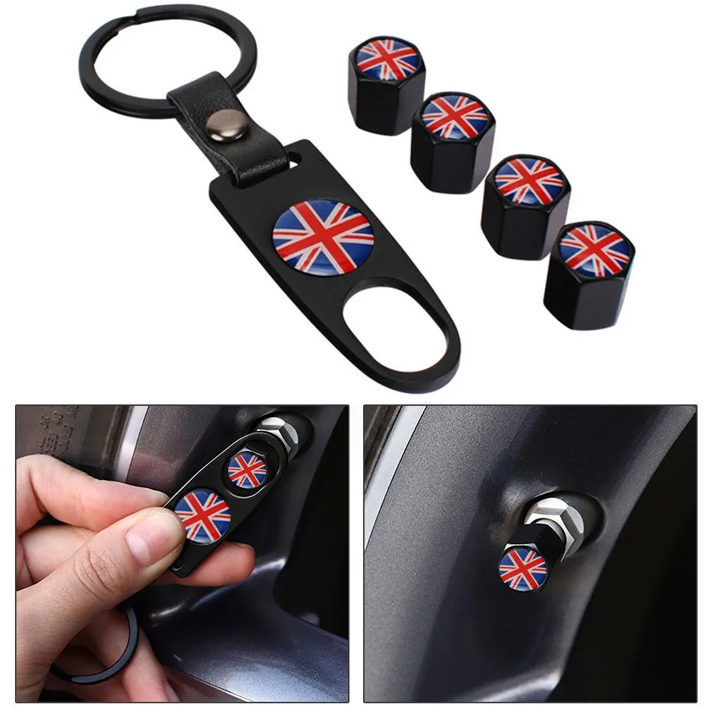 

4Pcs Car Tire Valve Dust Stems Air Covers + Keychain Set Accessories Decal Parts Common British Flag Pattern UK Flag Logo