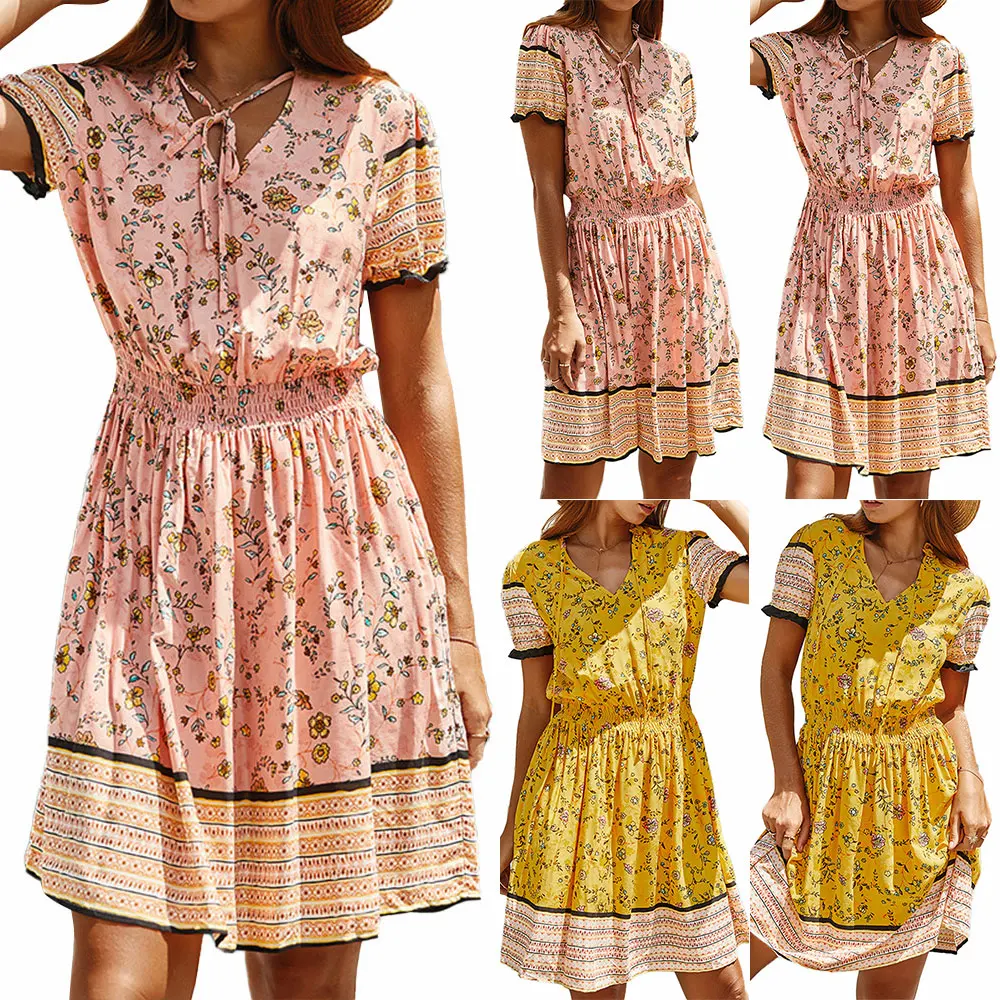 

Summer Women Casual Floral Printted Dress Short Sleeve Patchwork Lace Up Mini Dresses Beach Holiday New 2021
