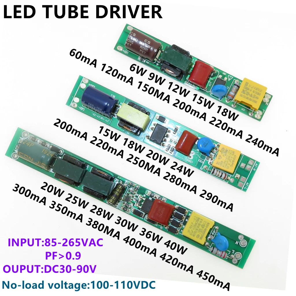 T5 T8 T10 LED Tube Adapter Driver 60mA 120mA 240mA 250mA 280mA 350mA 380mA 450mA 6W 9W 12W 15W 18W 24W 30W 36W 40W Power Supply