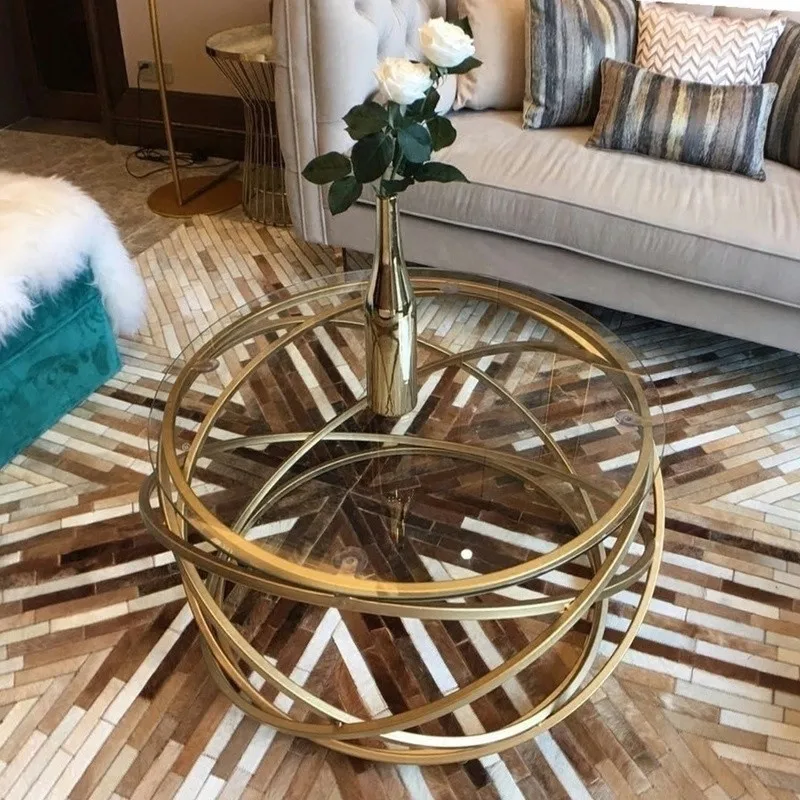 

Nordic Golden Iron Metal Coffee Table Dirty Storage tempered glass modern living room fashion sofa side round coffee table
