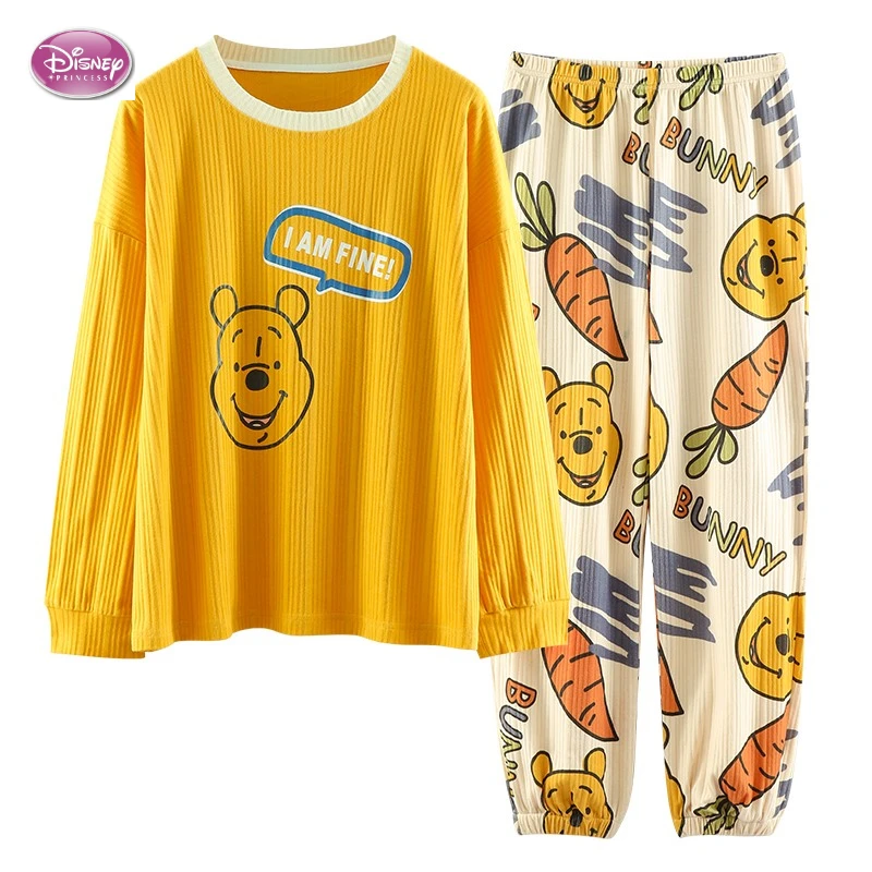 

Disney Winnie the Pooh Cute 2 Piece Pajamas Set Autumn Winter Women Cotton Sleepwear Long Sleeve Nightgown Female Ladies Pyjamas