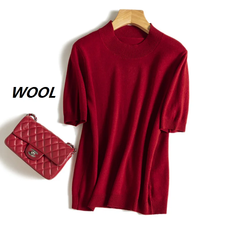 

Женский винтажный шерстяной свитер, бордовый свитер с высоким воротником и коротким рукавом, повседневный трикотажный пуловер