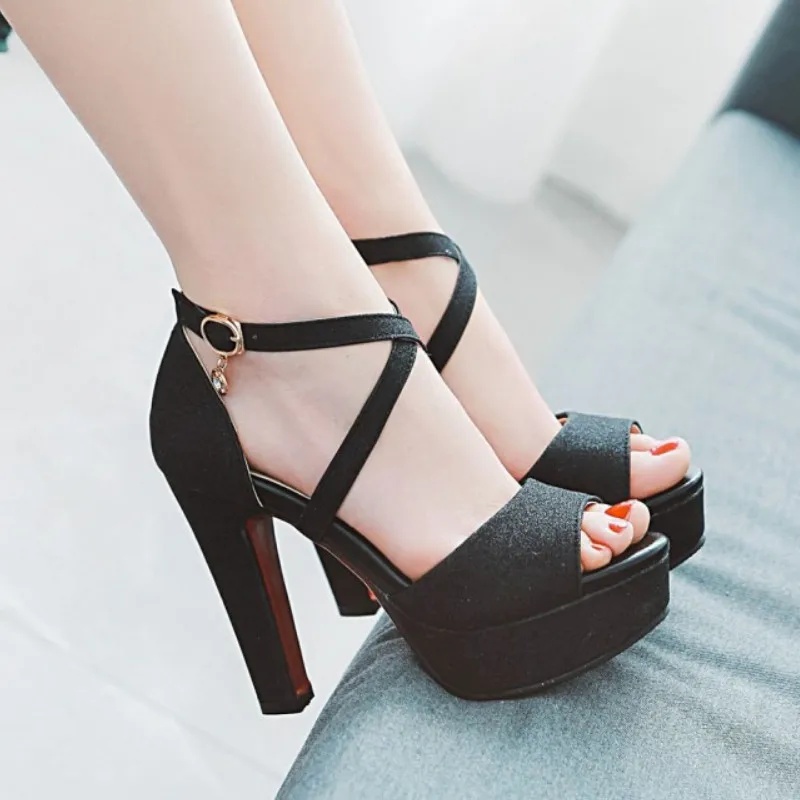 

Women Platform Sandals Bling PU Leather 12cm high Chunky Spike Heel Peep Toe Summer Party Wedding Gold Cross Strap Lady Sandals
