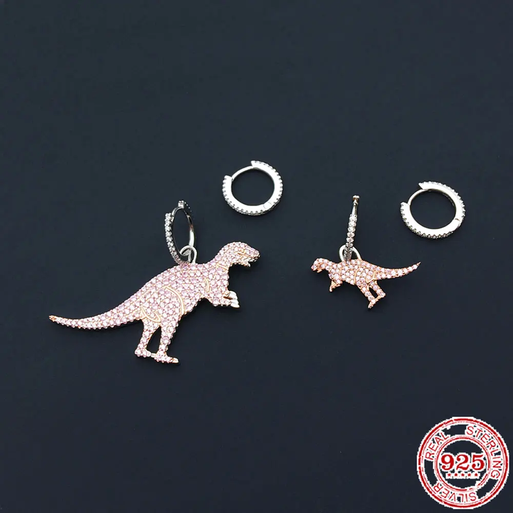 

100% Sterling Silver S925 Ladies Light Luxury Earrings Pink Dinosaur Asymmetrical Earrings Women's Fashion Jewelry