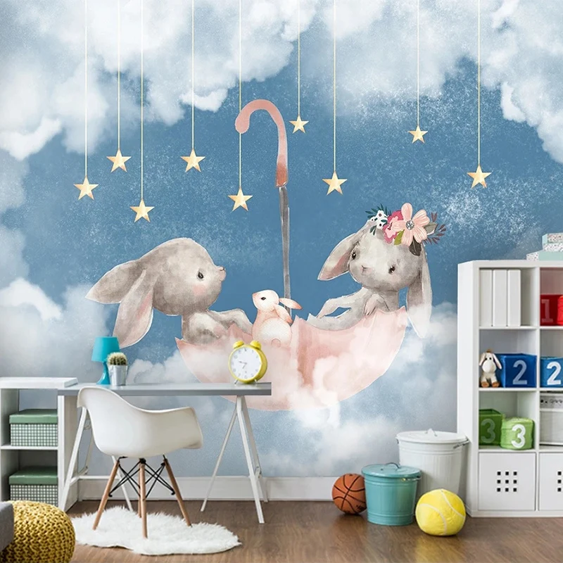 

Custom Mural Wallpaper Modern Nordic 3D Cartoon Cute Bunny Sky Children's Bedroom Background Wall Painting Papel De Parede Sala