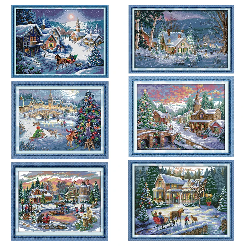 Printed Cross Stitch Set Embroidery for Needlework Christmas Snowscape Pattern 11CT 14CT Counted DIY Handmade Stamped Fabric Kit