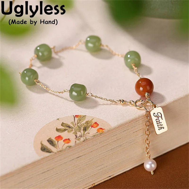 

Uglyless 14K Filled Gold =9K Gold Bracelets for Women Natural Jade Agate Pearls Bracelets Faith Medals Gifts Jewelry Gemstones