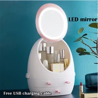 usb rechargeable makeup organizer case cosmetic storage box jewelry container dust proof drawer waterproof mirror led light