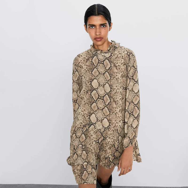 Женское платье с животным принтом ZA воротником стойкой длинными рукавами и