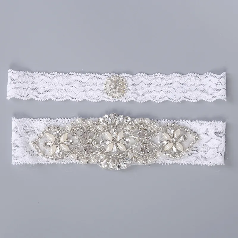 

Something Blue Wedding Garters White Lace Keepsake / Toss Bridal Garter Set, Pearl Crystal Rhinestone Custom Garter