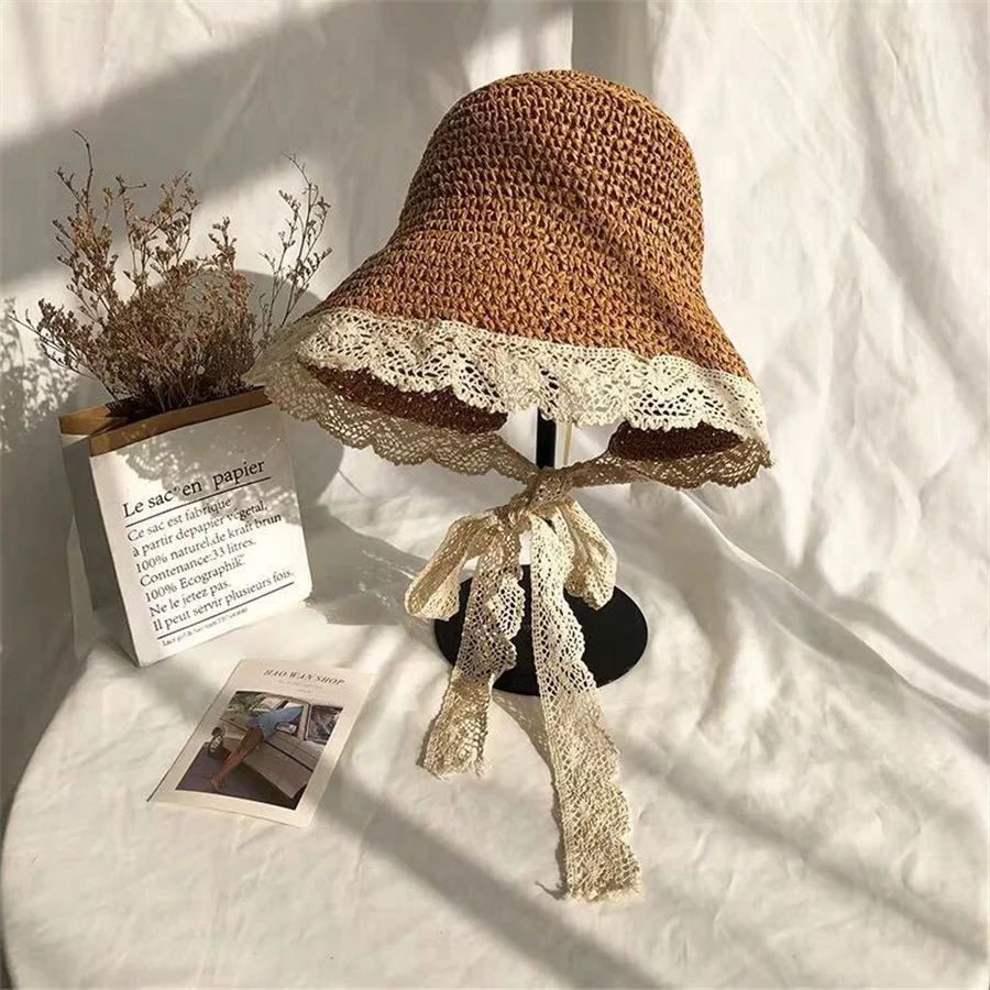 

Summer Women Sun Hat Japanese Lace Woven Straw Hat Vacation Beach Hat Ins Small Fresh Folding Three-color Sunscreen Sun Hat