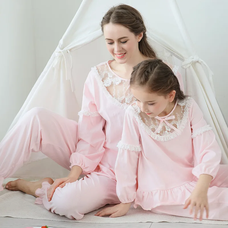 

Summer Girls Pajama Sets Kids Sleepwear Cotton Lace Lantem Sleeve Home Clothes Children Nightgown Princess 90-170cm