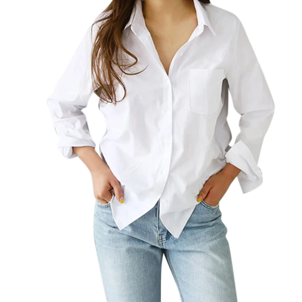 Женская Повседневная Весенняя белая рубашка с одним карманом женская блузка