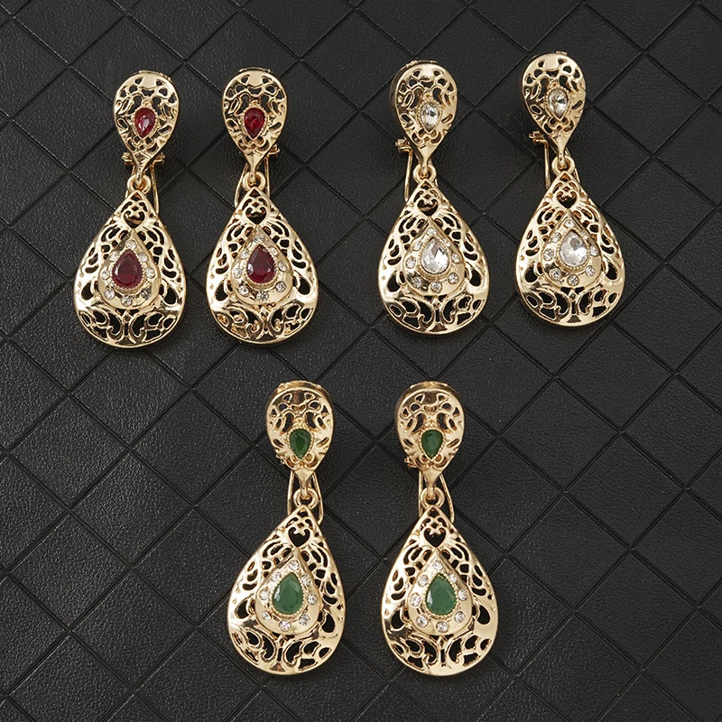 Тренд капли воды серьги белого золота красные и зеленые стразы для женщин