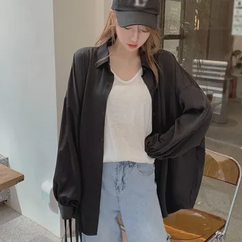 Women Blouse Long Sleeve Casual Turn-down Collar Solid Color Autumn Loose Shirts 1