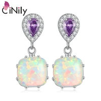 cinily white fire opal square stone drop earrings silver plated lilac teardrop cz crystal filled dangling earring female jewelry