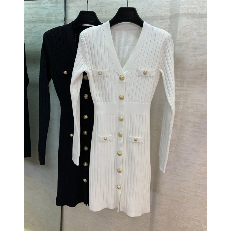 

High end Tailored 11.29 Women Temperament Slim V-neck package hip knitted dress