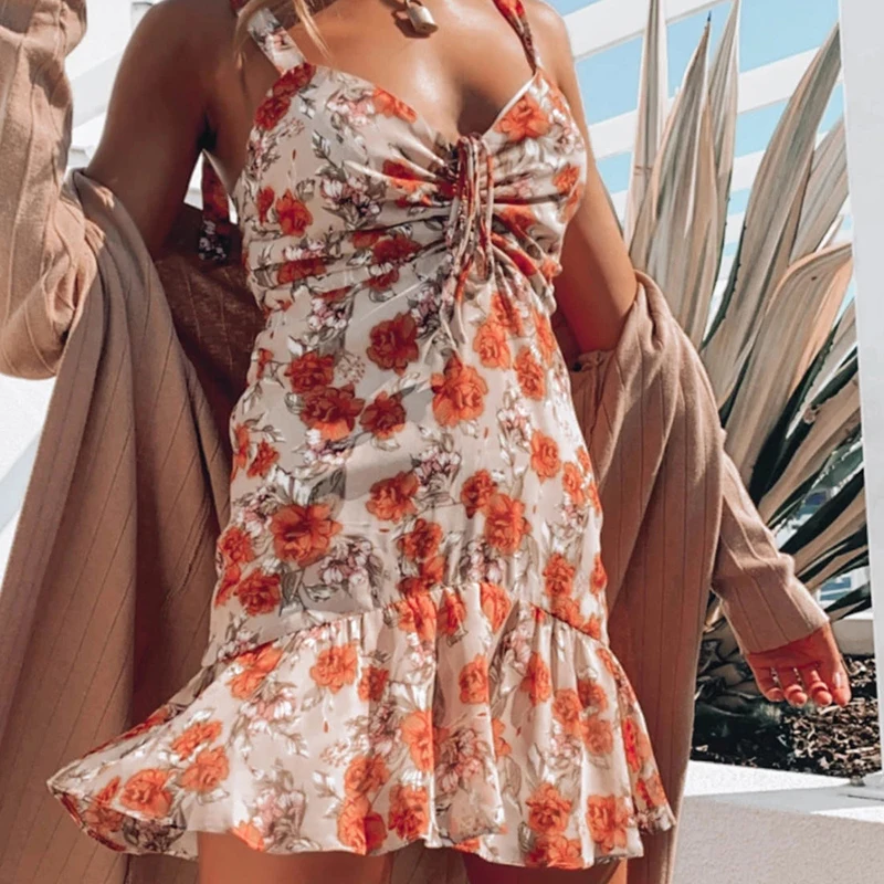

Boho Sling Women Dress Sleeveless Floral Print High Waist A Line Ruffles Dresses Casual Sexy Mini Female Summer Vestidos 2021
