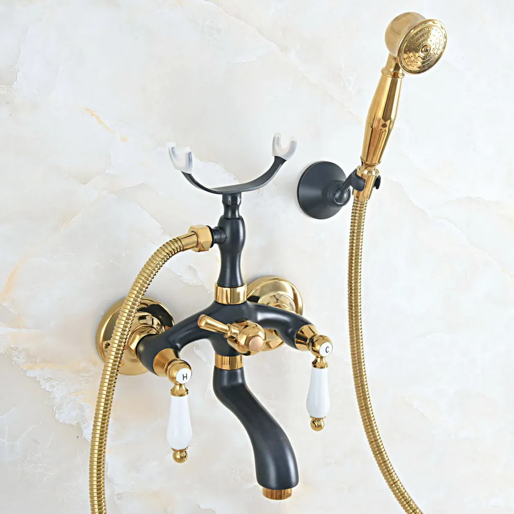 Черный золотой кран для ванной комнаты смеситель настенный ручной душевой набор
