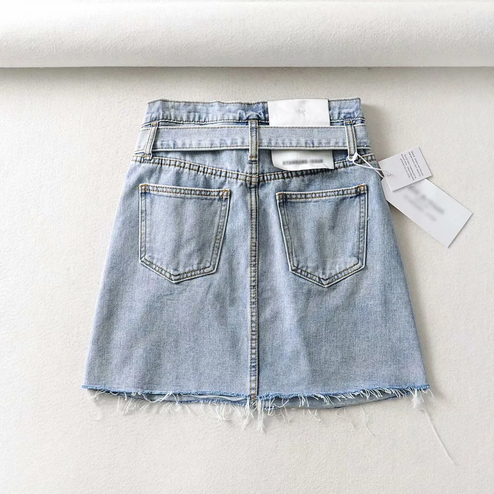 

2021Female Summer European And American New Style Denim Skirt High Waist Retro A-line Skirt Belt Raw Edge Denim Skirts Women