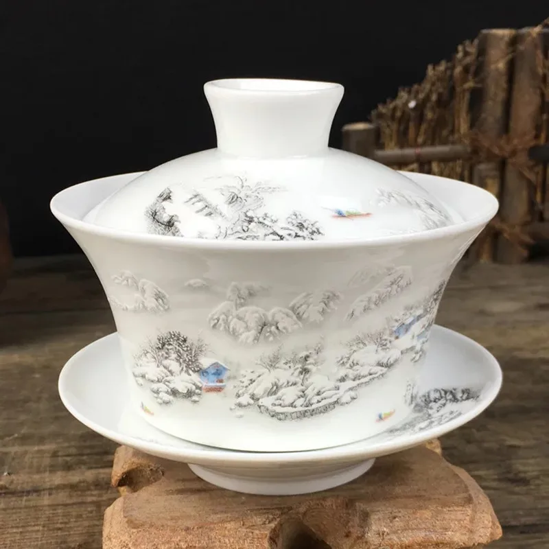 Snow Фарфоровая чаша Gaiwan Jingdezhen, 200 мл, покрытая синим и белым фарфором, миска Sancai, набор китайских чайных чашек и блюдца, чайная супница - Цвет: Snow