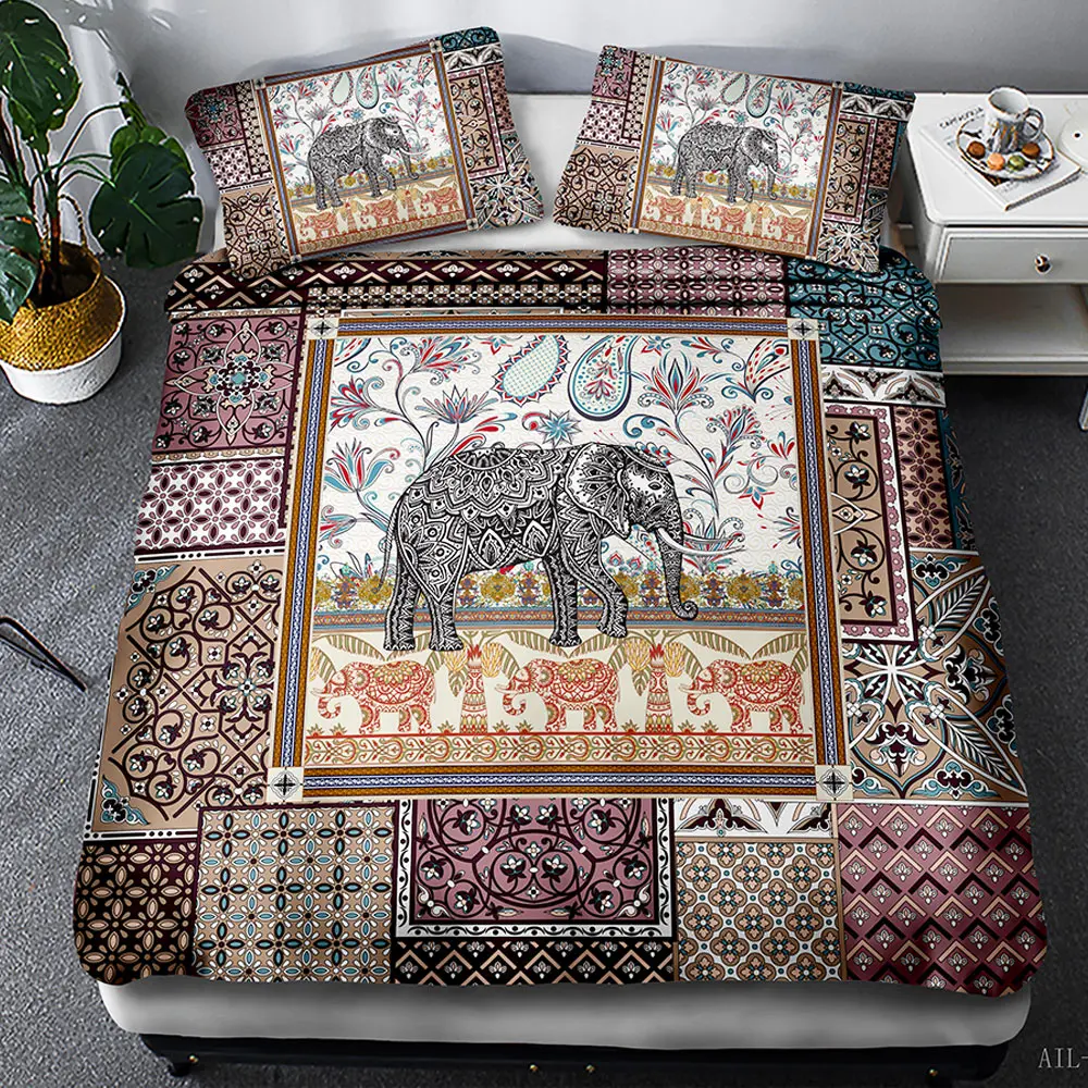 

3D Bedding suit, Elephant National Style Mosaic 3pcs Queen Custom Designer Bedding Luxury Duvet Cover