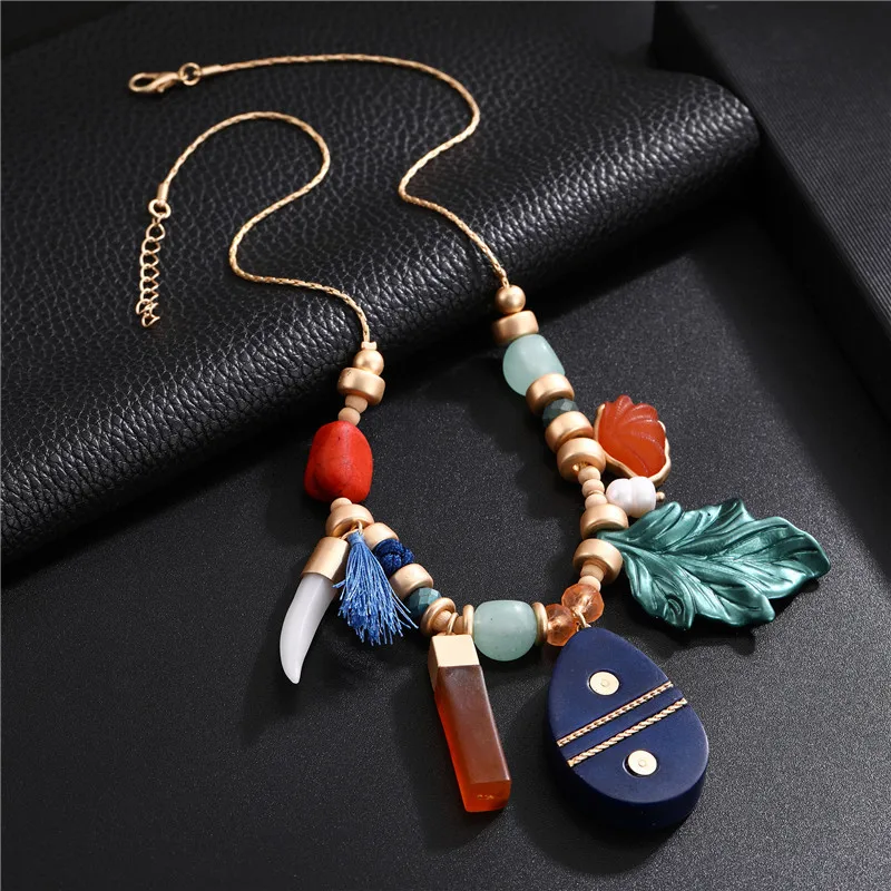 

Bohemian Gold Handmade Women Long Necklace Colorful Acrylis Resin Leaf Howlite Stone Pearl Shell Ox Horn Ethnic Necklace Jewelry