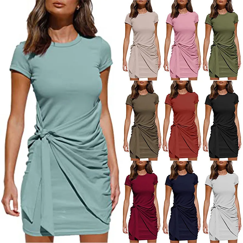 

Dress Women's Solid Color Bowknot Belt Irregular Dress Mid-Waist Round Neck Pullover One-Step Skirt