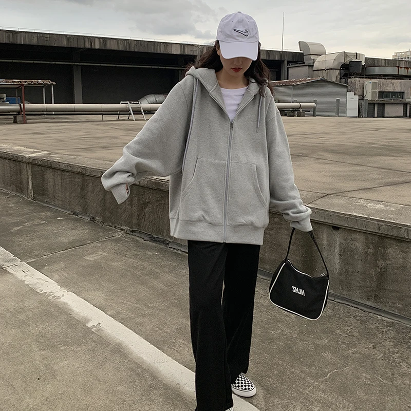 

zip-up Women Korean Style hoodies Vintage Solid Color Long Sleeve Oversized Hooded Sweatshirt Lady Women Casual Large Coats
