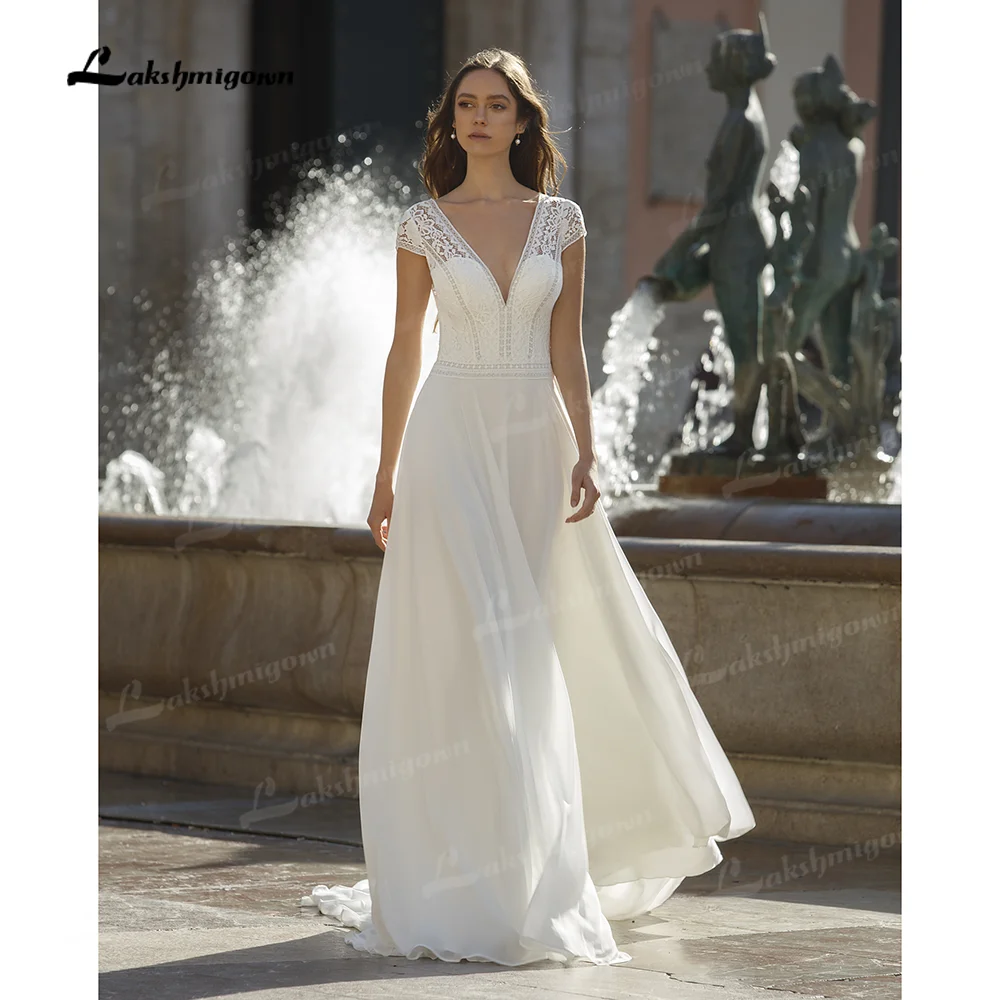 

Boho Chiffon Wedding Dresses 2021 Short Cap Sleeves Beach Lace Bridal Gowns Backless Party Dresses Sweep Train Robe Mariee