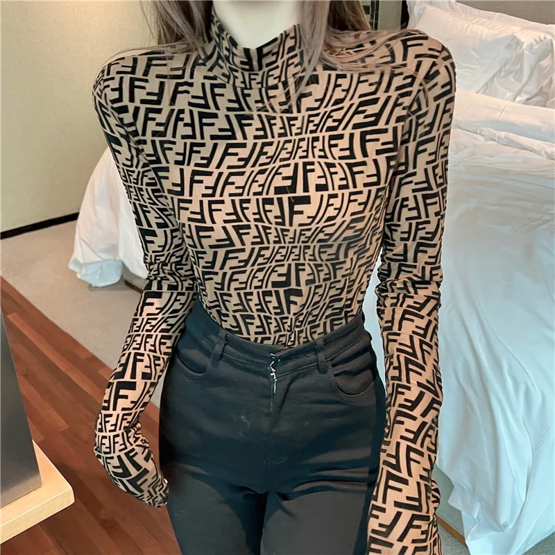 

Half Turtleneck T Shirts for Women Autumn Spring Long Sleeve Slim Skinny Tops Fashion Flocking Letters Tees YOU1380