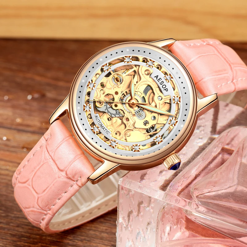 

Aesop Women Mechanical Watches Bracelet Watch Skeleton Automatic Wristwatch Mesh Stainless Steel Band Female Clock reloj mujer