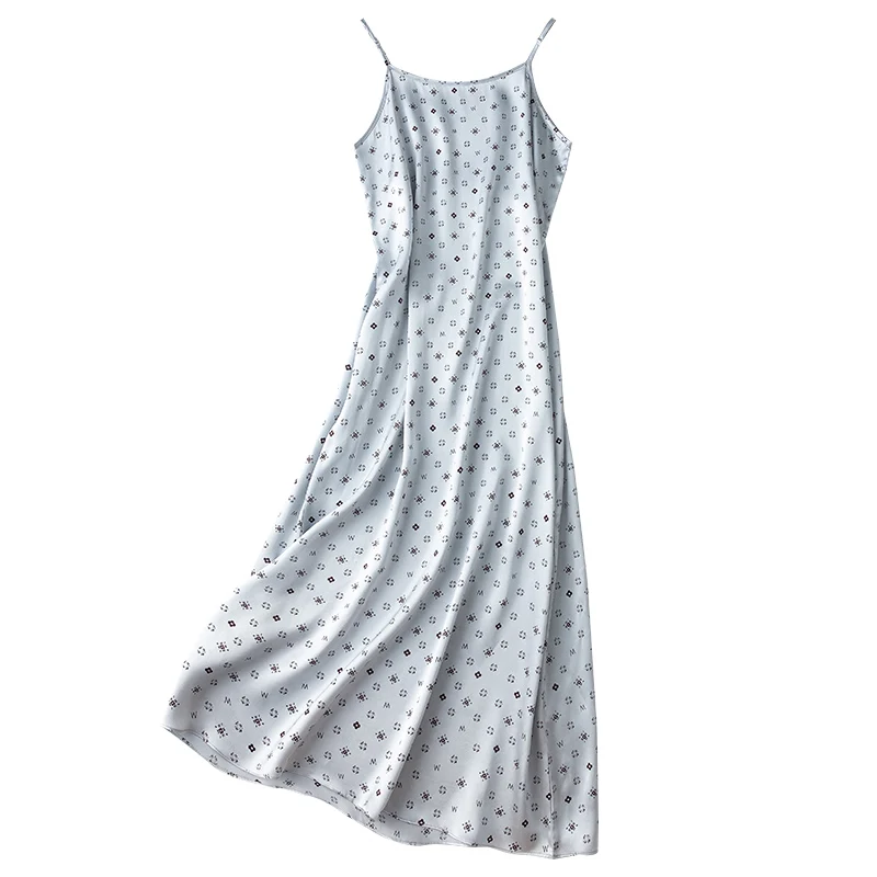 

Women's 100% Silk 20 momme braces skirt luxury Fashion Heavy slip dress Long Dress Elegant Grey Flower print L1184