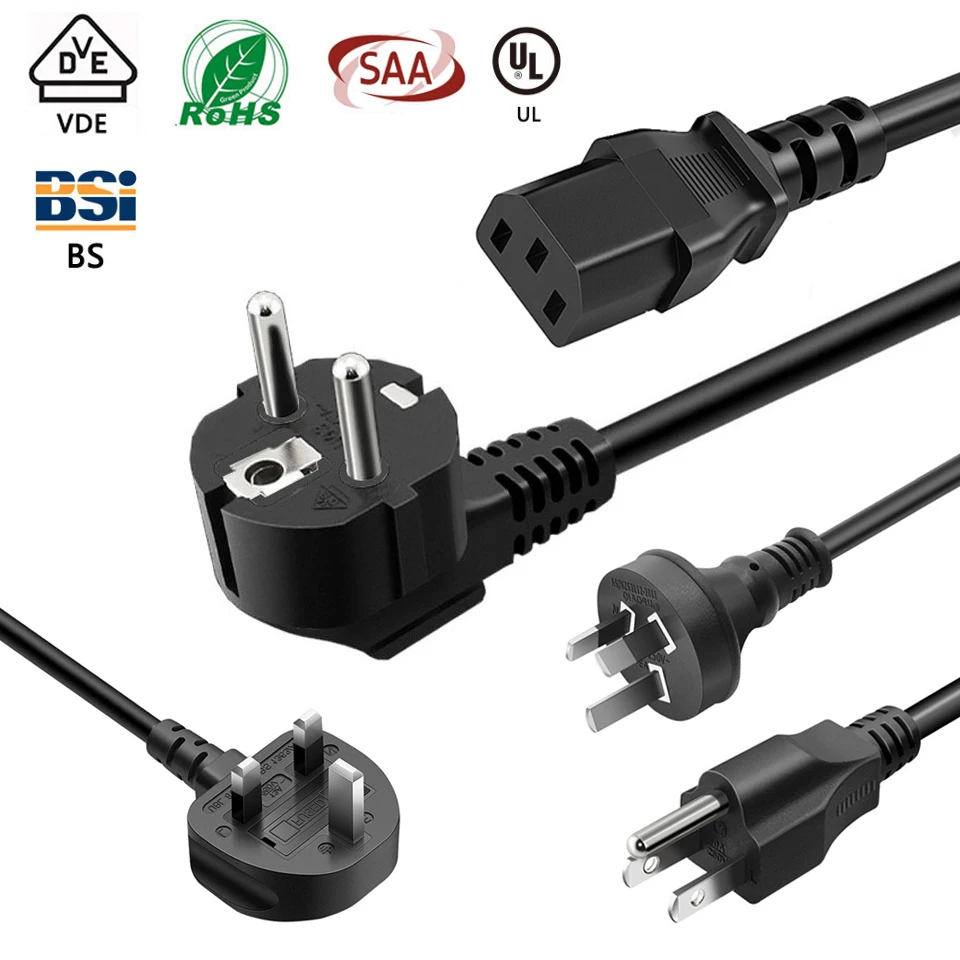 

1.5m EU US UK Plug AC Power Cable 3 Pin Charger Power Cord Adapter Cable 3-Prong Cord BS CE RoHs VDE for Laptop PC TV Printer