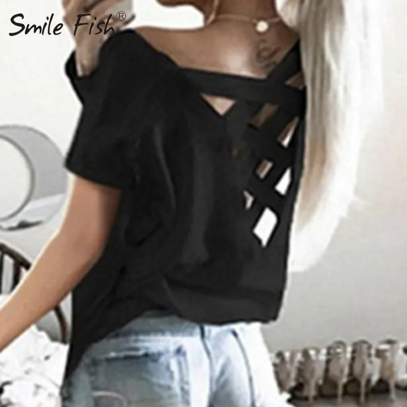 Футболка женская с открытой спиной и вырезами пикантный топ круглым вырезом