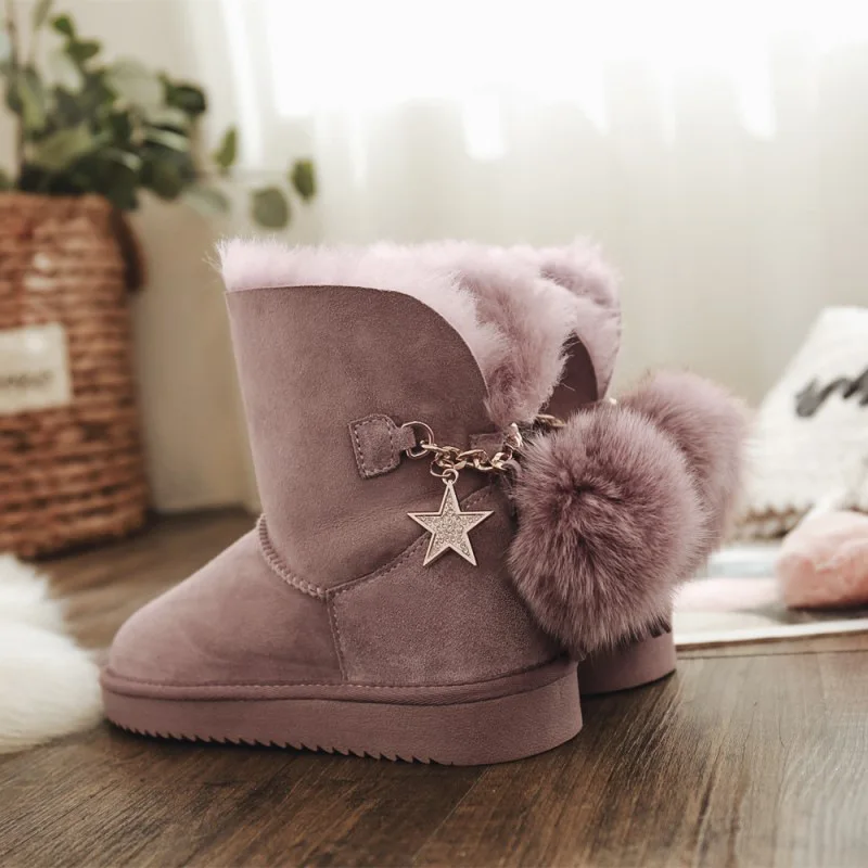 

Women Winter Snow Boots Shearling Sheep Fur Genuine Leather Shoes Lady Female Snow Wear Boots with Fur Ball Waterproof Footwear