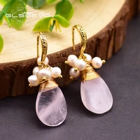 glseevo handmade natural pink crystal fresh water pearl earrings for women girl cute jewelry for wedding drop hook arete ge0929a