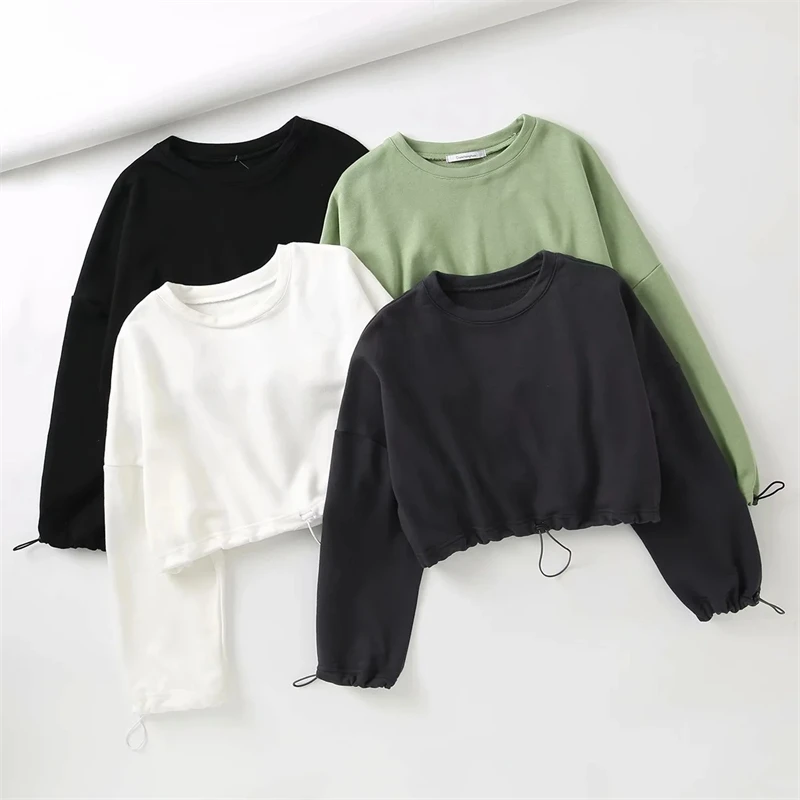 

Women's plain long sleeved sweatshirt, adjustable shoelace jacket, autumn fashion