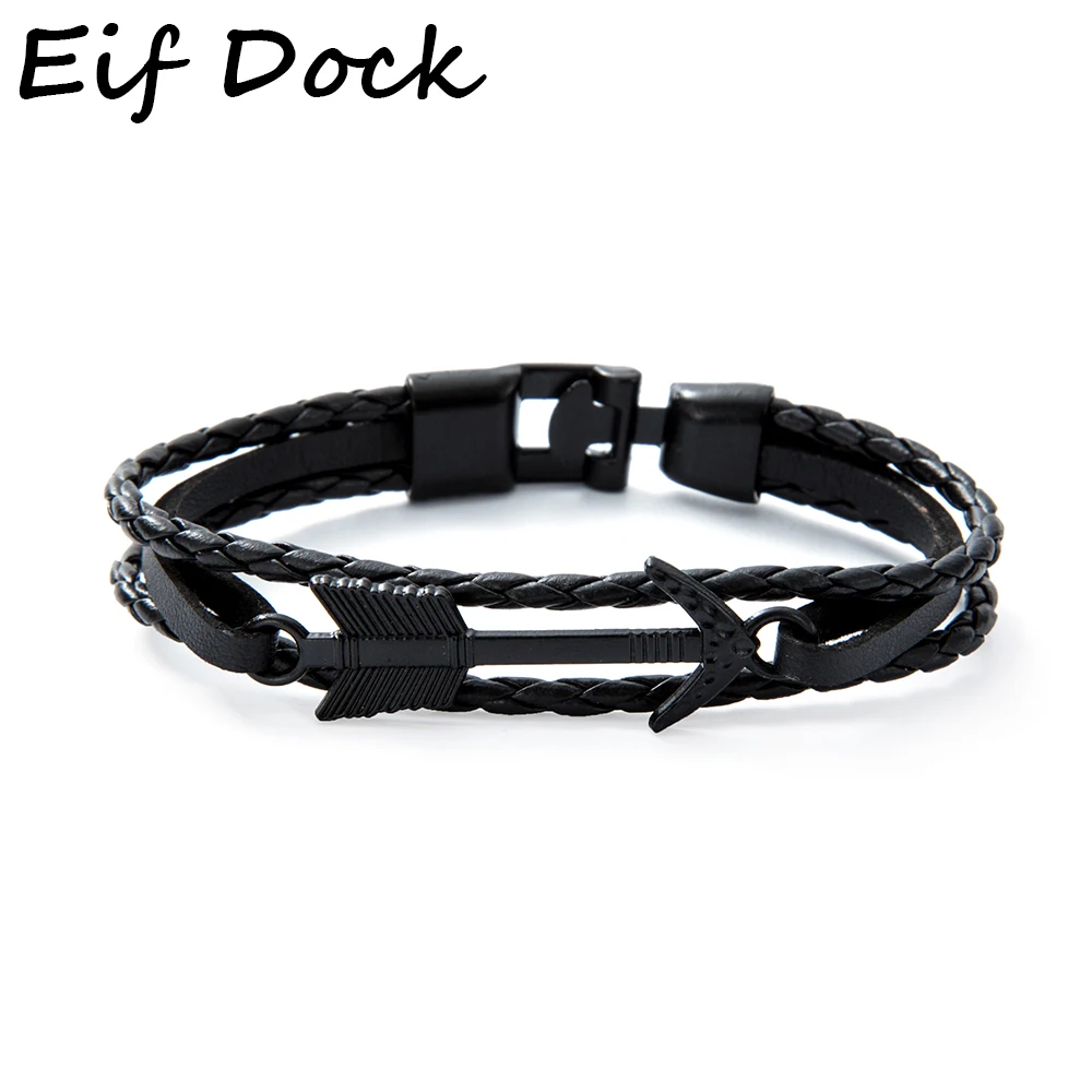 Eif Dock новый модный Многослойный черный кожаный винтажный бронзовый браслет со