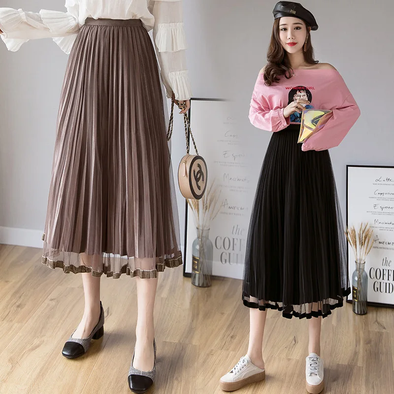 Женская плиссированная юбка средней длины фатиновая черного синего